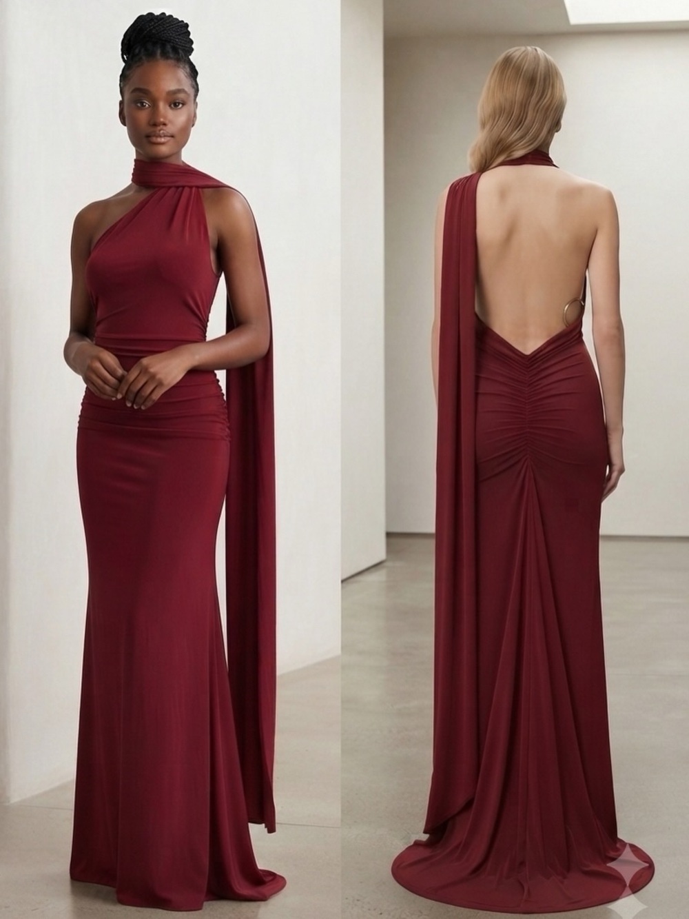 Elegant One-Shoulder Burgundy Evening Party Gown| Wedding | Formal